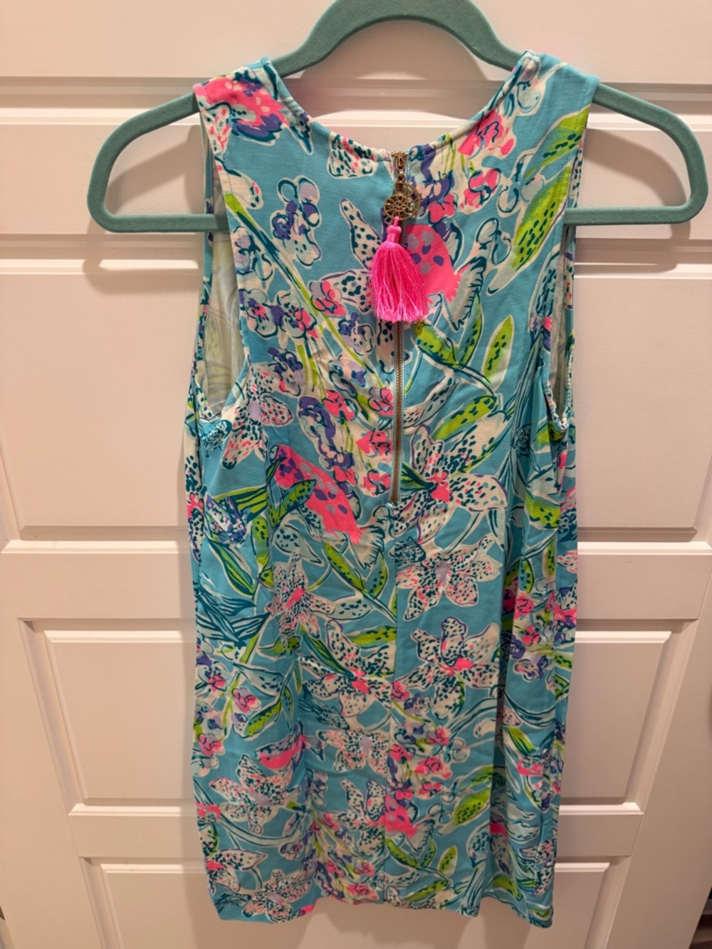 Lilly Pulitzer Aqua Floral Sleeveless Shift Dress with Pink & Green Accents - Picture 3 of 6